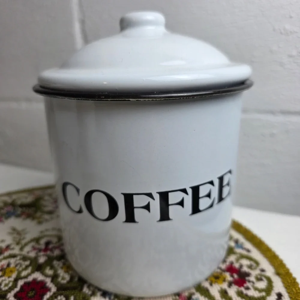 White Enamel Canister Set 3pc Farmhouse Coffee Tea Sugar Kitchen Storage Jars